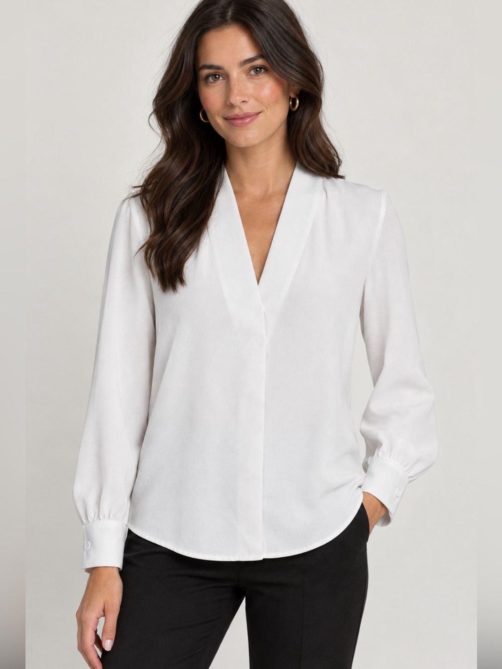 Women's HALARA Relaxed Fit Blouse XS Small White V-Neck Long Sleeve Minimalist